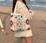 Beige Bohemian Tribal Print Knit Tote Bag | Large Capacity Woven Style Handbag | Fashion Ethnic Shoulder Carryall - Front View
