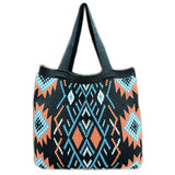 Black Bohemian Tribal Print Knit Tote Bag | Large Capacity Woven Style Handbag | Fashion Ethnic Shoulder Carryall