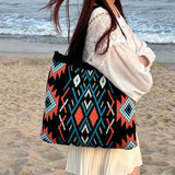 Black Bohemian Tribal Print Knit Tote Bag | Large Capacity Woven Style Handbag | Fashion Ethnic Shoulder Carryall - Front View