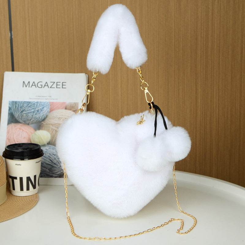 White 2PCS Luxury Faux Rabbit Fur Heart-Shaped Handbag | Adorable Plush Crossbody Shoulder Bag | Fashionable Statement Piece