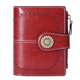 Red Women's Short Leather Wallet - European Style Waxed Leather Coin Purse with Zipper Card Holder in Red