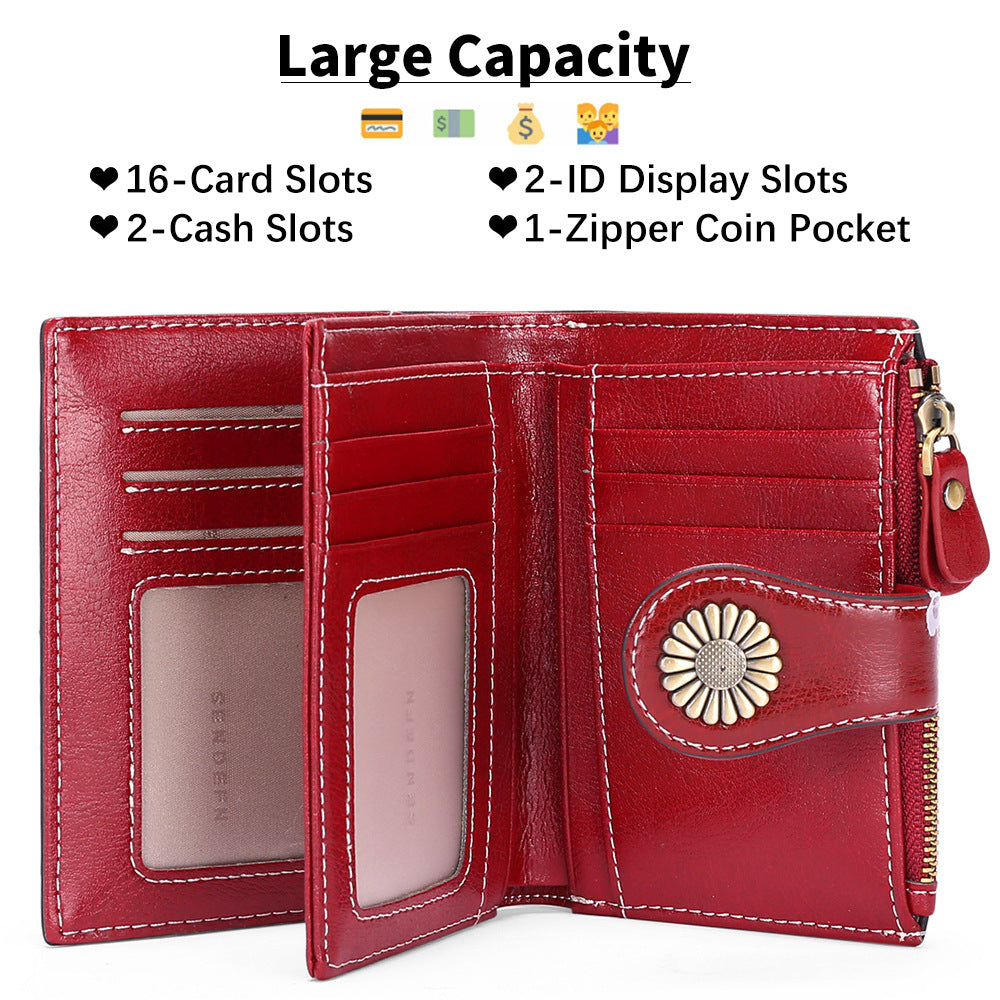 Red Women's Short Leather Wallet - European Style Waxed Leather Coin Purse with Zipper Card Holder in Red