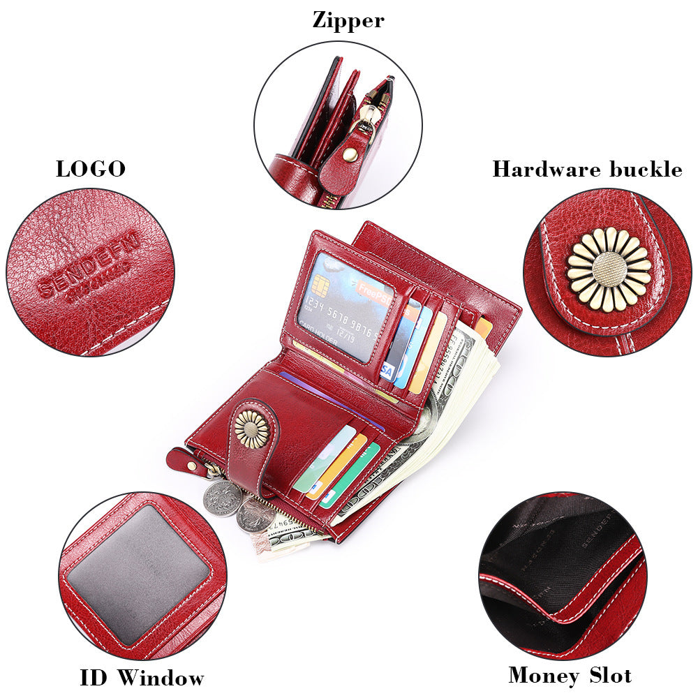 Red Women's Short Leather Wallet - European Style Waxed Leather Coin Purse with Zipper Card Holder in Red