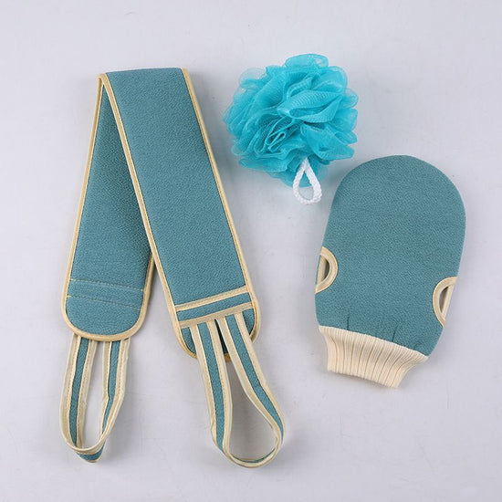 Blue 3-Piece Exfoliating Bath Set with Long-Handle Back Scrubber, Exfoliating Glove & Loofah Sponge for Deep Cleansing