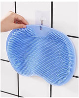 Blue 3-piece set  (2-Pack Silicone Foot & Back Scrubber Mat with Suction Cups + 1 Premium Lace Bath Loofah Sponge Set) - Non-Slip Foot Massager & Exfoliating Shower Set - Side View