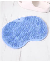 Blue 3-piece set  (2-Pack Silicone Foot & Back Scrubber Mat with Suction Cups + 1 Premium Lace Bath Loofah Sponge Set) - Non-Slip Foot Massager & Exfoliating Shower Set - Top-Down View