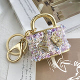 Purple Sparkling Rhinestone Lock Keychain - 3D Mini Handbag Charm with Alloy & Canvas Detail, Perfect Gift for Her