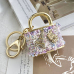 Purple Sparkling Rhinestone Lock Keychain - 3D Mini Handbag Charm with Alloy & Canvas Detail, Perfect Gift for Her