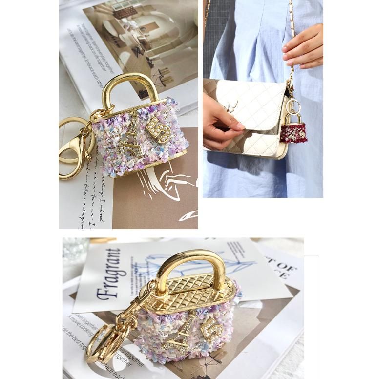 Purple Sparkling Rhinestone Lock Keychain - 3D Mini Handbag Charm with Alloy & Canvas Detail, Perfect Gift for Her
