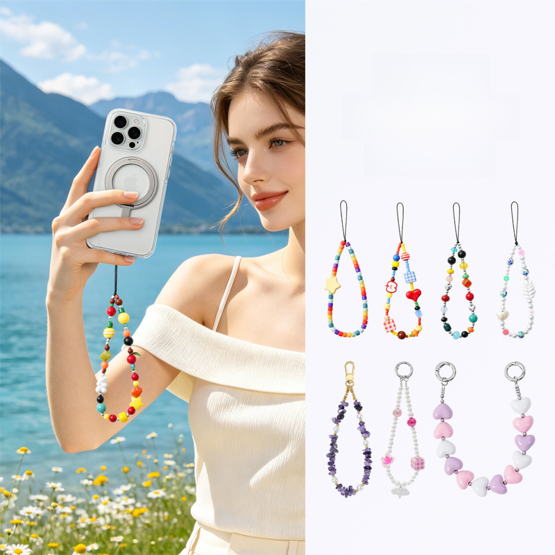 YKA-11 Trendy Double-Clasp Beaded Phone Wrist Strap - Colorful Acrylic & Metal Anti-Loss Lanyard with Spacer Gift