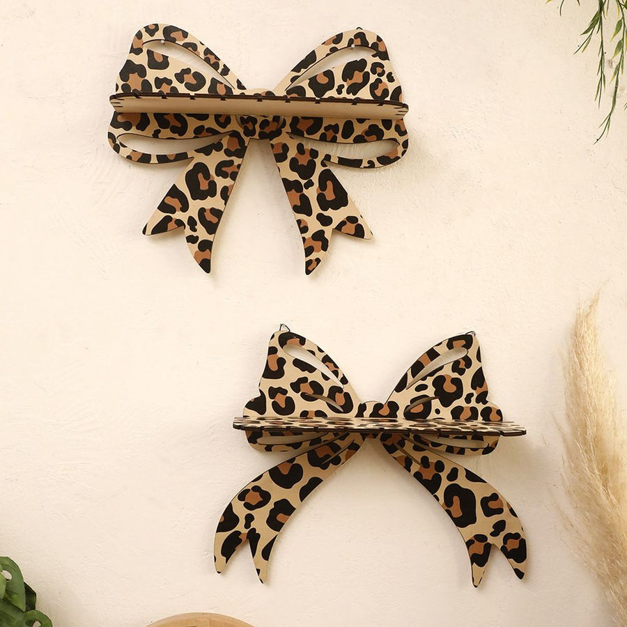 Brown Style A Leopard Print Bow Wall Shelf - Decorative Wooden Floating Storage Rack for Bedroom & Living Room