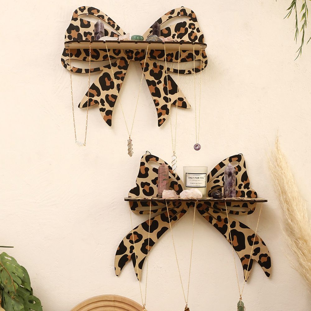 Brown Style A Leopard Print Bow Wall Shelf - Decorative Wooden Floating Storage Rack for Bedroom & Living Room