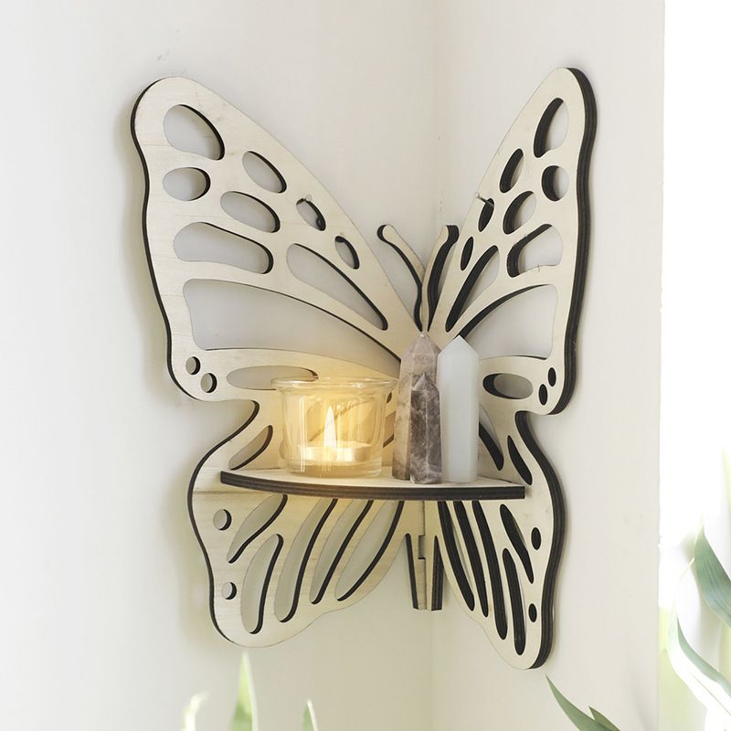 White Wooden Butterfly Wall Shelf - Hollow-Out Decorative Corner Storage Rack for Home & Bedroom