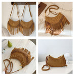 Khaki Vintage Boho Fringe Crossbody Bag - Retro Studded PU Leather Shoulder Purse with Adjustable Strap
