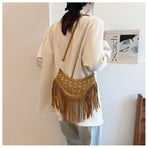 Khaki Vintage Boho Fringe Crossbody Bag - Retro Studded PU Leather Shoulder Purse with Adjustable Strap
