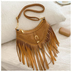 Khaki Vintage Boho Fringe Crossbody Bag - Retro Locking design PU Leather Shoulder Purse with Adjustable Strap