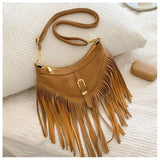 Khaki Vintage Boho Fringe Crossbody Bag - Retro Locking design PU Leather Shoulder Purse with Adjustable Strap