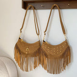 Khaki Vintage Boho Fringe Crossbody Bag - Retro Locking design PU Leather Shoulder Purse with Adjustable Strap