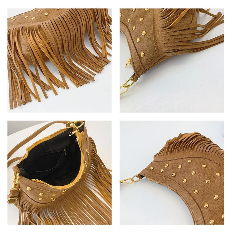 Khaki Vintage Boho Fringe Crossbody Bag - Retro Locking design PU Leather Shoulder Purse with Adjustable Strap