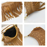 Khaki Vintage Boho Fringe Crossbody Bag - Retro Locking design PU Leather Shoulder Purse with Adjustable Strap - Side View