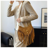 Khaki Vintage Boho Fringe Crossbody Bag - Retro Locking design PU Leather Shoulder Purse with Adjustable Strap