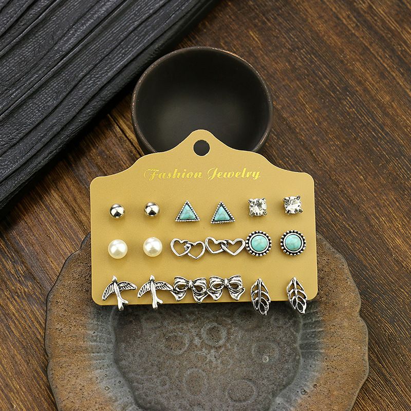 Alloy Stud Earring Set - 9 Pairs with Heart, Leaf & Turquoise Designs for Women