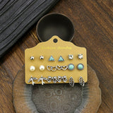 Alloy Stud Earring Set - 9 Pairs with Heart, Leaf & Turquoise Designs for Women