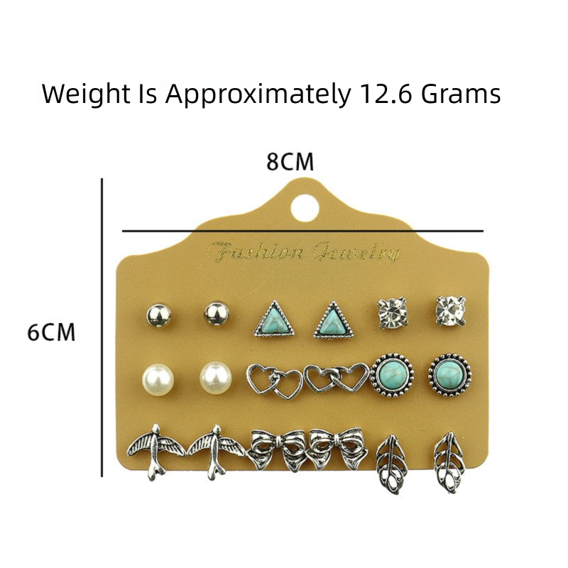 Alloy Stud Earring Set - 9 Pairs with Heart, Leaf & Turquoise Designs for Women