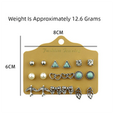 Alloy Stud Earring Set - 9 Pairs with Heart, Leaf & Turquoise Designs for Women