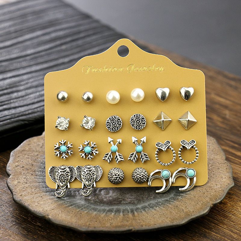 Alloy Stud Earring Set - 12 Pairs with Heart, Leaf & Turquoise Designs for Women