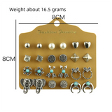 Alloy Stud Earring Set - 12 Pairs with Heart, Leaf & Turquoise Designs for Women