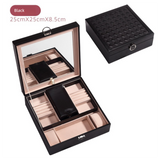 Black Large PU Leather Jewelry Box with Mirror & Lock - Velvet Lined Organizer for Rings, Necklaces & Watches