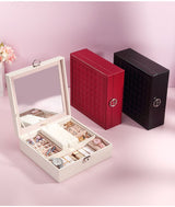 White Large PU Leather Jewelry Box with Mirror & Lock - Velvet Lined Organizer for Rings, Necklaces & Watches - Front View