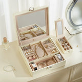 White Large PU Leather Jewelry Box with Mirror & Lock - Velvet Lined Organizer for Rings, Necklaces & Watches - Side View