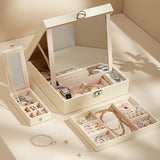 White Large PU Leather Jewelry Box with Mirror & Lock - Velvet Lined Organizer for Rings, Necklaces & Watches - Top-Down View