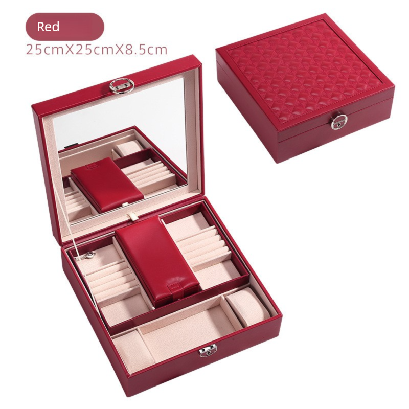 Red Large PU Leather Jewelry Box with Mirror & Lock - Velvet Lined Organizer for Rings, Necklaces & Watches