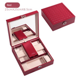 Red Large PU Leather Jewelry Box with Mirror & Lock - Velvet Lined Organizer for Rings, Necklaces & Watches
