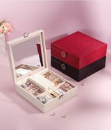 Red Large PU Leather Jewelry Box with Mirror & Lock - Velvet Lined Organizer for Rings, Necklaces & Watches - Front View