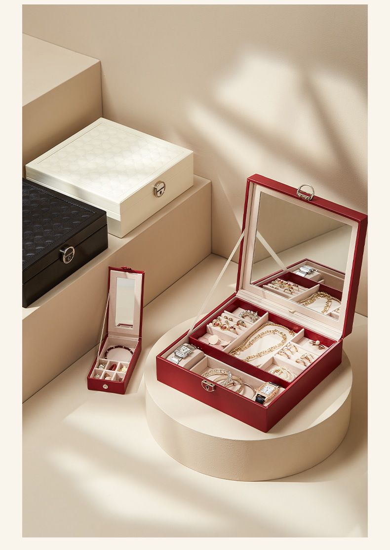 Red Large PU Leather Jewelry Box with Mirror & Lock - Velvet Lined Organizer for Rings, Necklaces & Watches