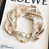Beige 2-in-1 Magnetic Pearl Scarf & Necklace Set - Floral Print Polyester Neck Wrap with Detachable Bead Chain