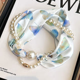 Blue Butterfly 2-in-1 Magnetic Pearl Scarf & Necklace Set - Floral Print Polyester Neck Wrap with Detachable Bead Chain