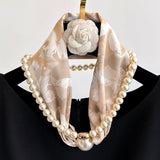 Blue Butterfly 2-in-1 Magnetic Pearl Scarf & Necklace Set - Floral Print Polyester Neck Wrap with Detachable Bead Chain