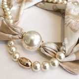 Light Green 2-in-1 Magnetic Pearl Scarf & Necklace Set - Floral Print Polyester Neck Wrap with Detachable Bead Chain - Side View
