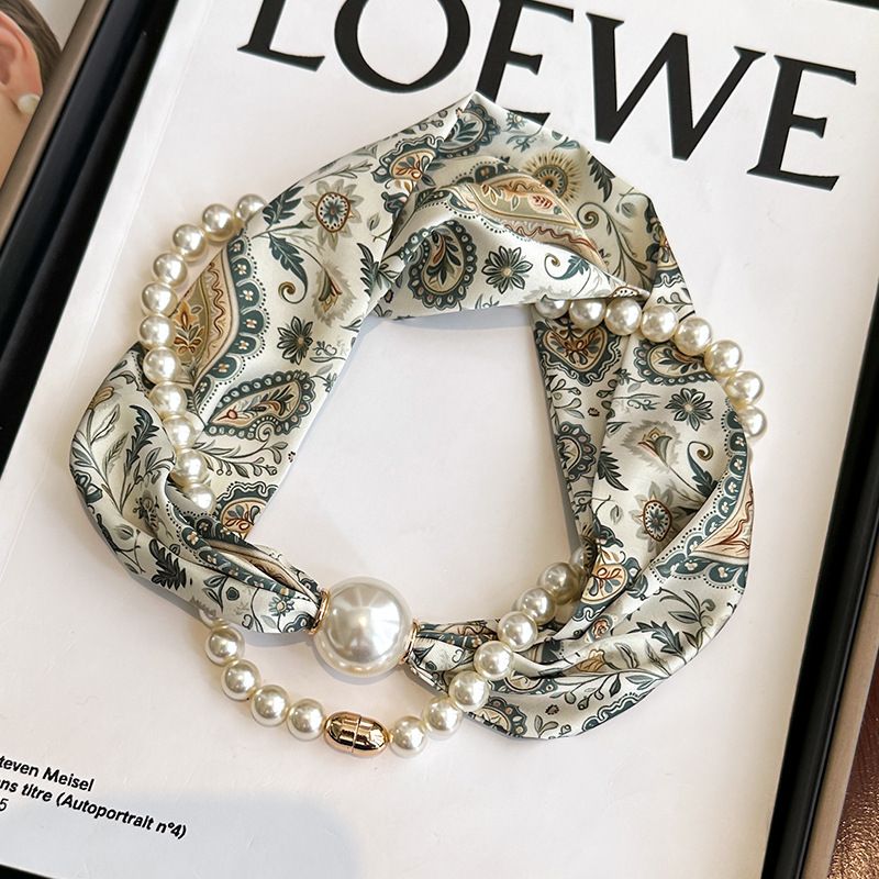 Green leaf pattern 2-in-1 Magnetic Pearl Scarf & Necklace Set - Floral Print Polyester Neck Wrap with Detachable Bead Chain