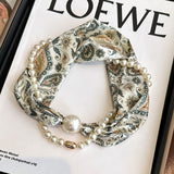Green leaf pattern 2-in-1 Magnetic Pearl Scarf & Necklace Set - Floral Print Polyester Neck Wrap with Detachable Bead Chain