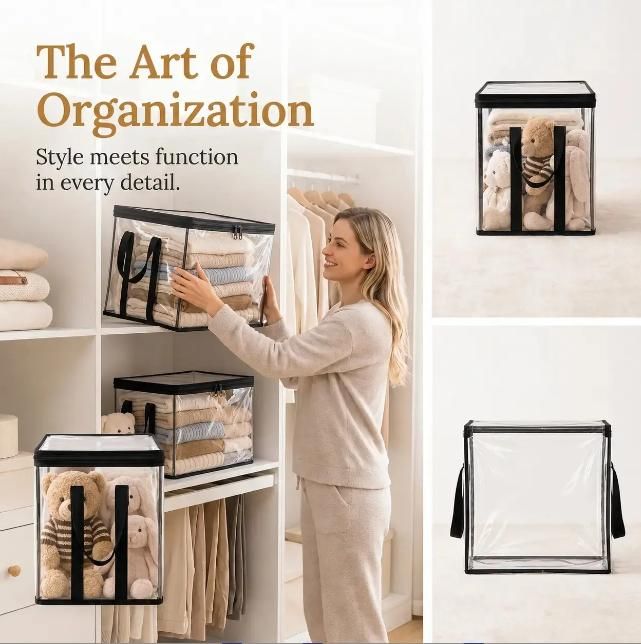 3 Pcs Large Clear PVC Book Storage Box – Foldable, Dustproof & Transparent Organizer with Handles for Home, Classroom & Office (38×24×32cm)