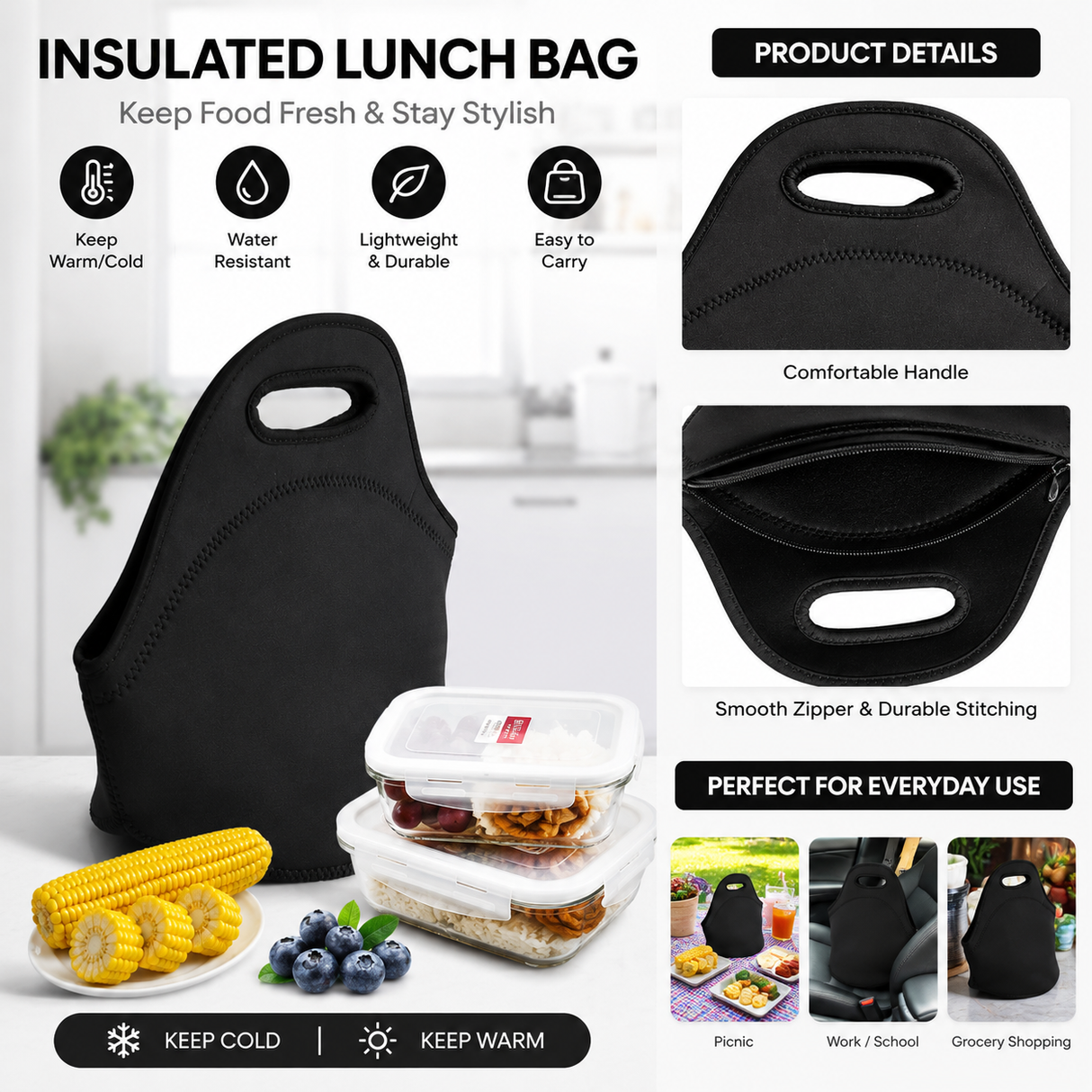 Black Reusable Neoprene Insulated Lunch Bag – Waterproof Thermal Tote for Work, School & Picnics (30x17x30cm)