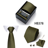 HB378 Dark Green Premium Men's 4-Piece Formal Tie Set -  Necktie, Pocket Square, Cufflinks, and Tie Clip in a Luxury Gift Box