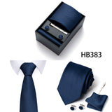 HB383 Dark Blue Premium Men's 4-Piece Formal Tie Set -  Necktie, Pocket Square, Cufflinks, and Tie Clip in a Luxury Gift Box - Front View
