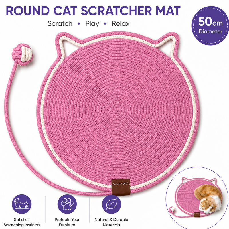 Pink Durable Cat Scratching Mat with Attached Toy Ball - Washable and Multi-Functional, Ideal for Cats' Scratching and Sleeping - 50cm Diameter